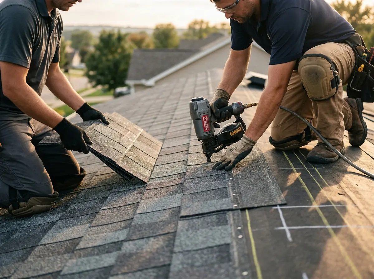 Professional roofer working on a residential roof in Walden